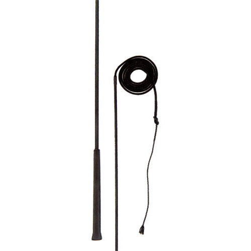 Chicote preto com cabo reto e corda enrolada, fundo branco