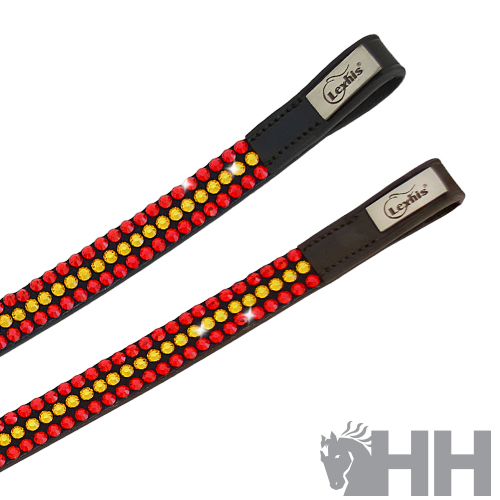 Cabos decorativos com pedras vermelhas e amarelas e extremidades em couro preto e castanho