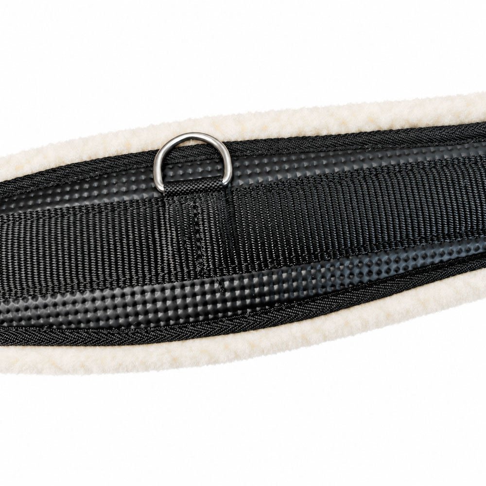 Parte de produto têxtil preto e branco com argola metálica e alça larga preta
