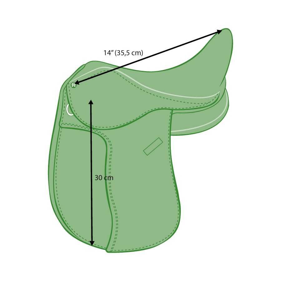 Sela verde para equitação com medidas 14 e 30 cm
