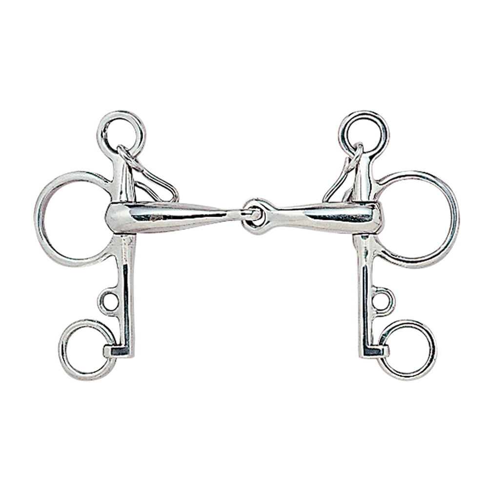Freio metálico prateado com anéis para cavalo