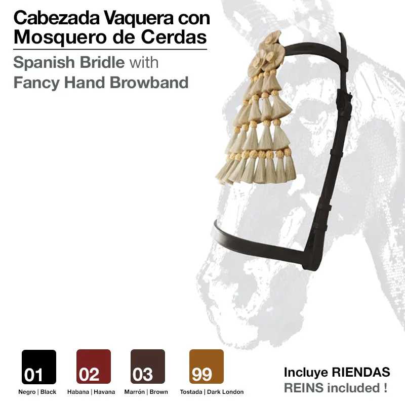 Cabeçada vaqueira com mosquero de cerdas e cores variadas, sobre fundo branco com texto.