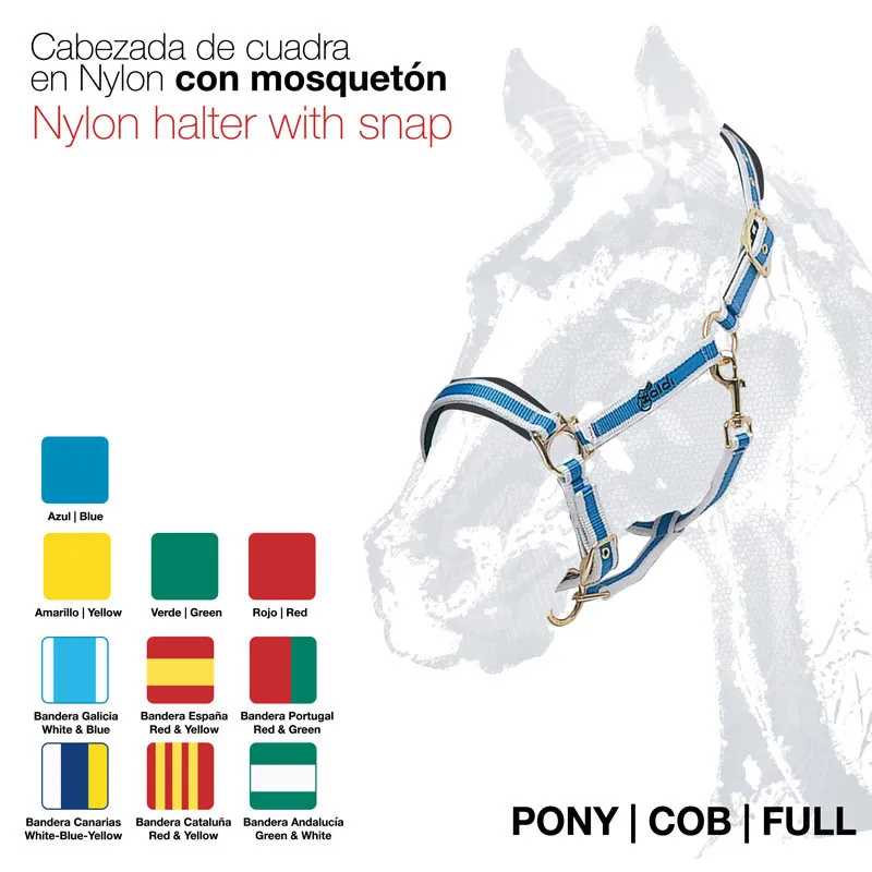 Cabresto azul e branco em nylon com mosquetão mostrado junto com ilustração de cavalo e opções de cores e bandeiras