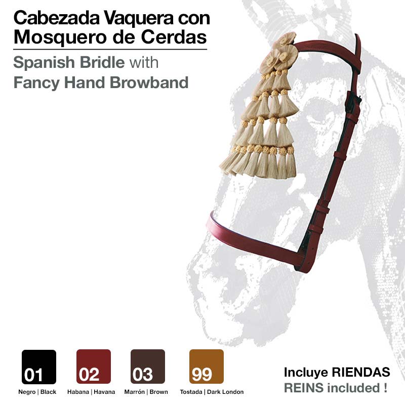 Cabeçada vaqueira espanhola castanha com mosquero de cerdas brancas e tiras de couro