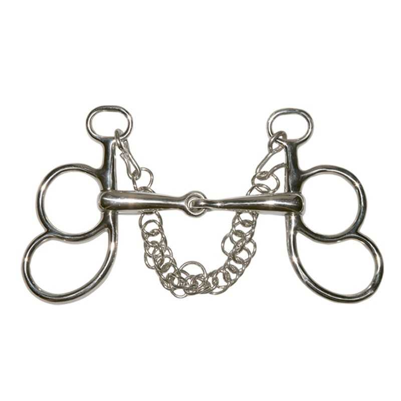 Freio de metal prateado para equitação com correntes e argolas