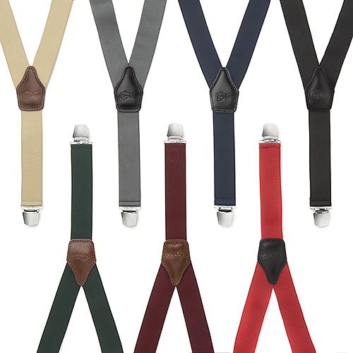 Conjunto de suspensórios de várias cores com reforços de couro e clipes metálicos