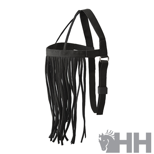 Máscara de proteção com franjas pretas e alças ajustáveis para cavalo