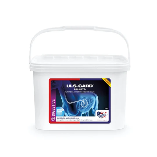 Recipiente branco com rótulo azul e vermelho de suplemento digestivo ULS-GARD PELLETS