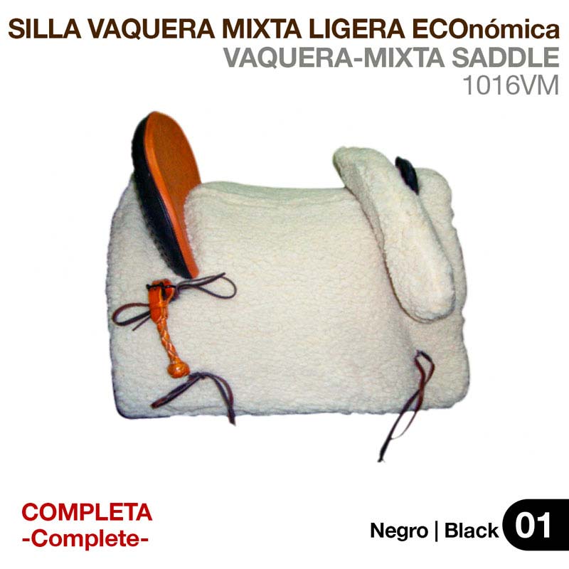 Sela vaqueira mista ligeira económica preta com material branco felpudo