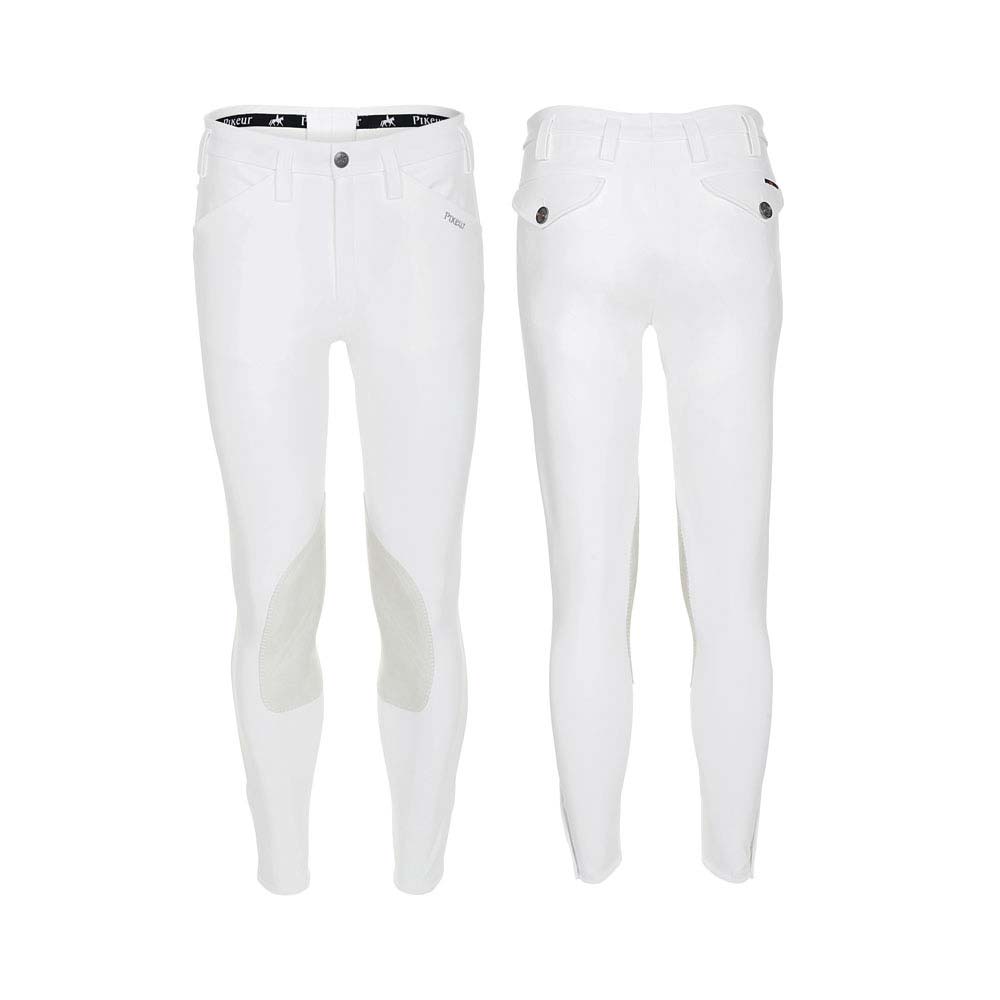 Calças de equitação brancas com reforços nos joelhos mostradas de frente e costas