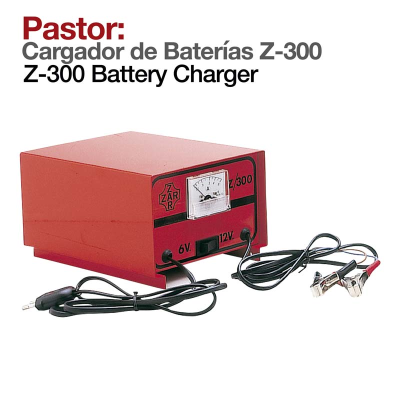 Carregador de baterias Pastor Z-300 vermelho com amperímetro e cabos.