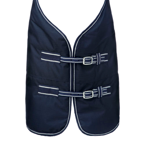 Colete azul escuro com cintos brancos e duas fivelas metálicas na frente