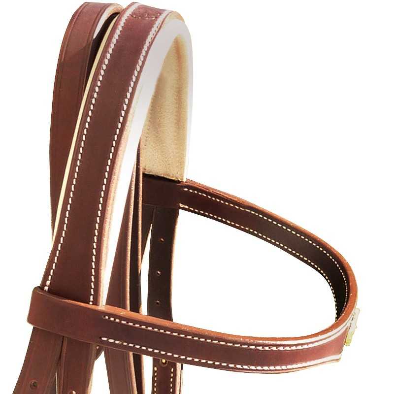 Rédeas e peitoral em couro castanho com costura branca