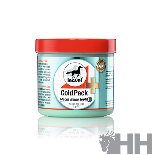 Frasco plástico Cold Pack Leovet com tampa vermelha e rótulo azul e branco