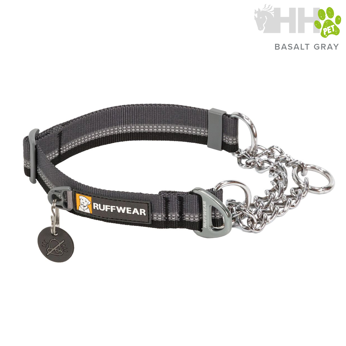Coleira para cão cinza basalto com cadeia metálica e etiqueta RUFFWEAR