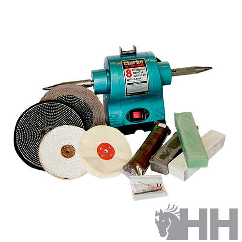 máquina de polir azul com discos e acessórios