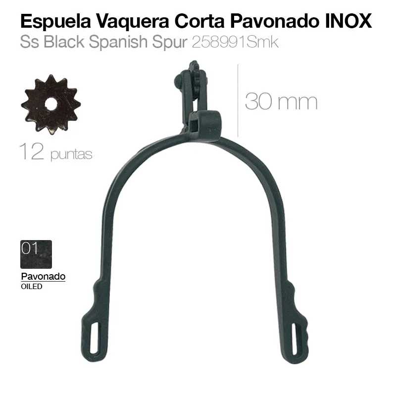 Espuela Vaquera Corta Pavonado INOX preta com 12 pontas
