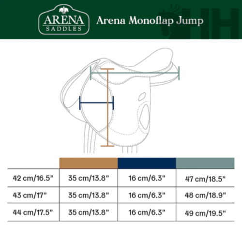 Tabela de medidas da sela Arena Monoflap Jump com ilustração técnica