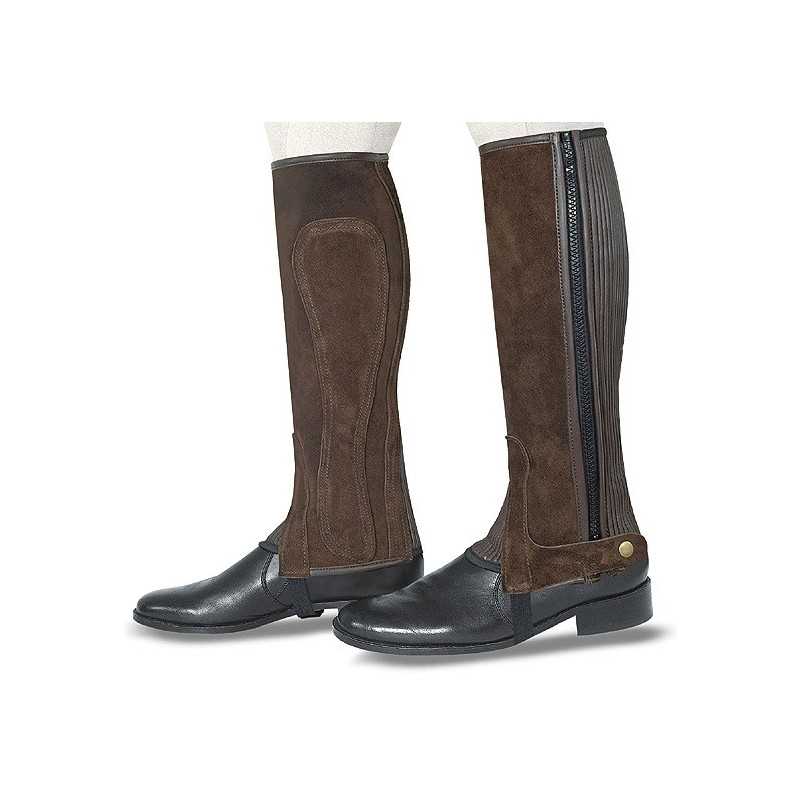 Par de polainas em camurça castanha e couro preto com fecho de correr