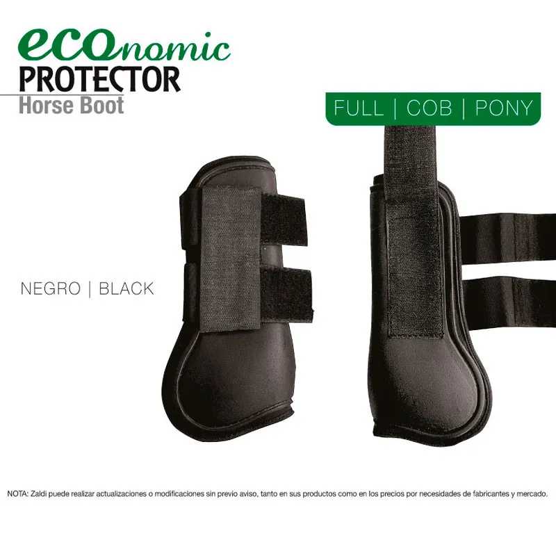Protetores para cavalos pretos com tiras de velcro e diferentes tamanhos indicados.