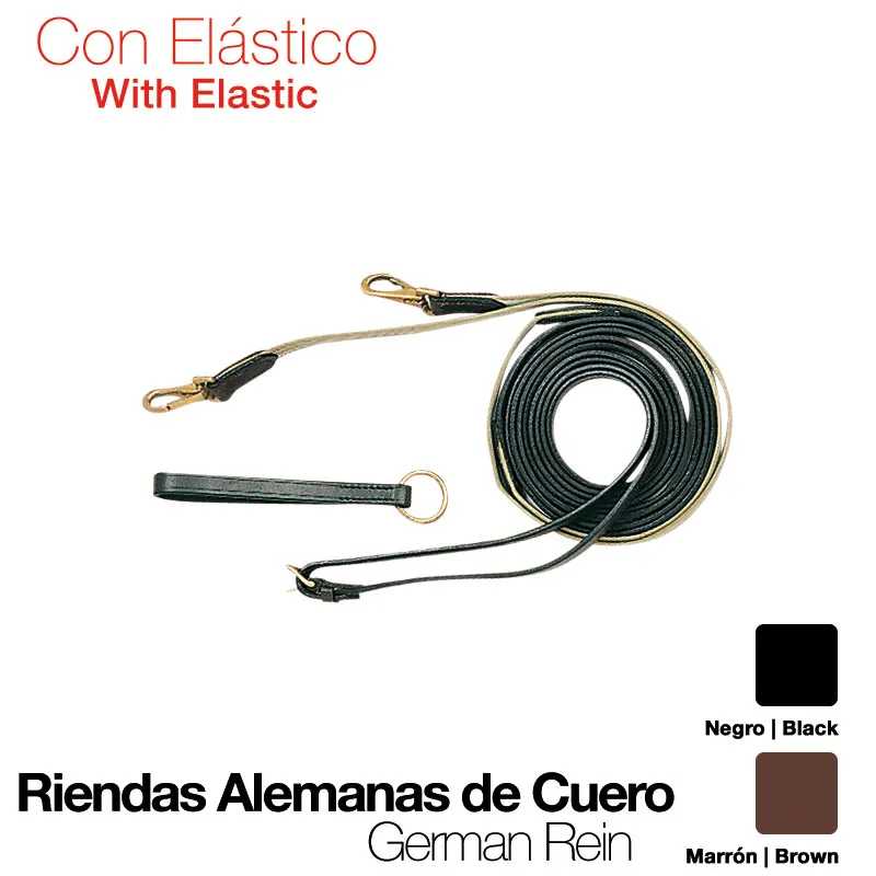 Rédeas alemãs de couro preto e castanho com elástico e fechos metálicos