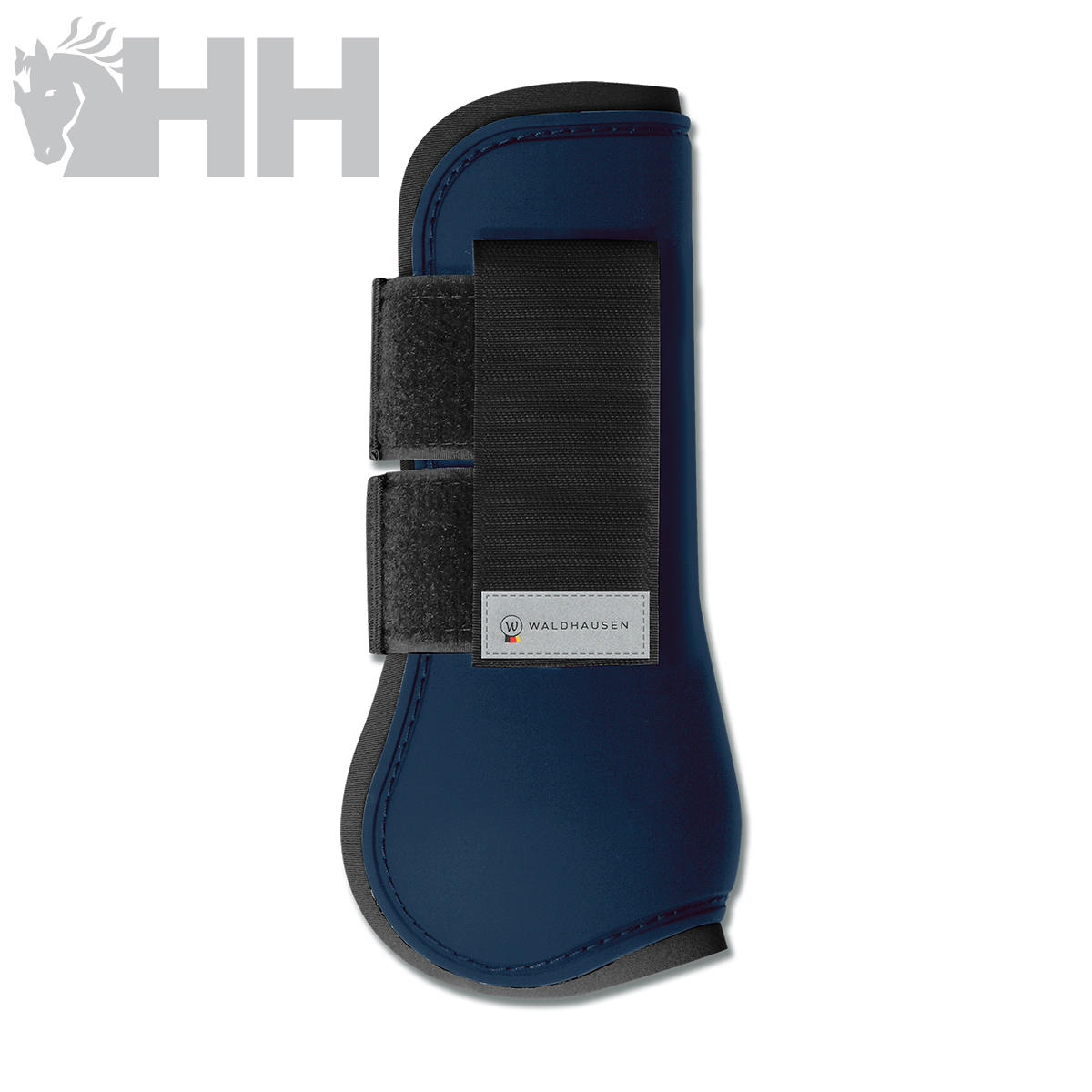Protetor para pernas de cavalo azul e preto com velcros e etiqueta WALDHAUSEN
