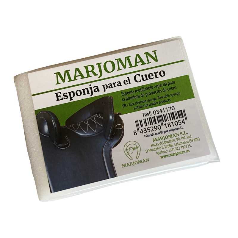 Esponja para couro Marjoman em embalagem branca e verde com imagem de poltrona preta