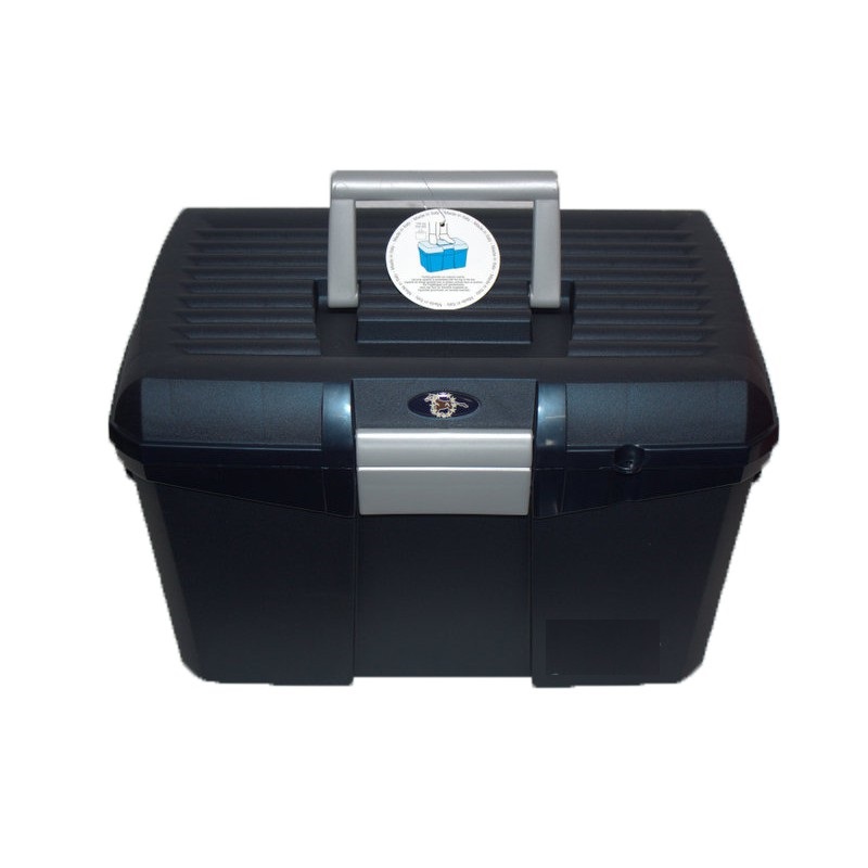 Caixa de ferramentas preta com alça cinzenta e logótipo azul e branco