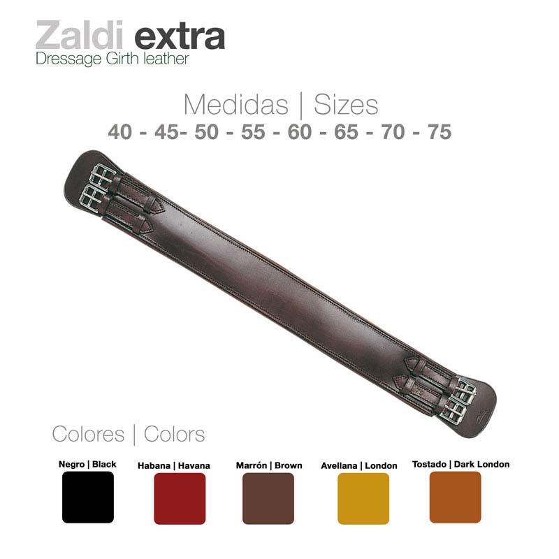 Cilha de dressage em pele castanha com fivelas metálicas em fundo branco e texto de tamanhos e cores.