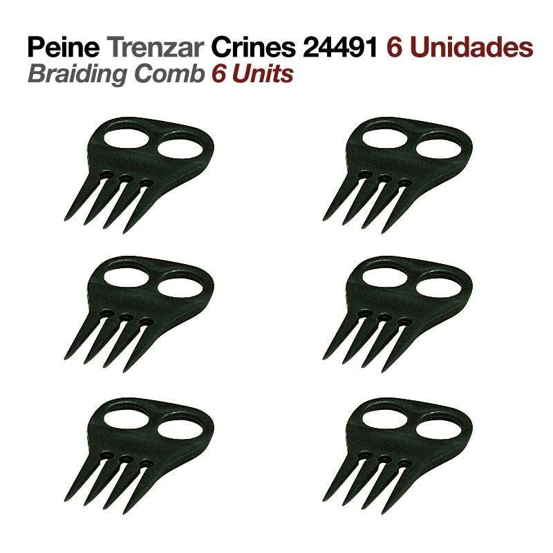 Seis pentes pretos para trançar cabelos com três dentes e dois orifícios para dedos, texto acima