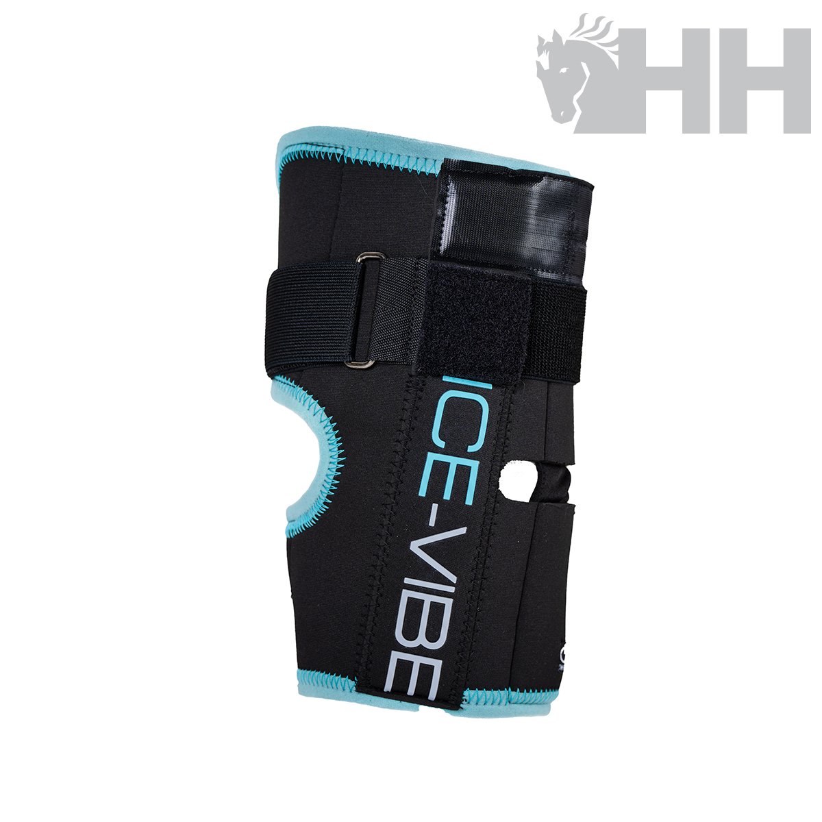 Apoio para joelho neoprene preto com detalhes azuis e texto ICE-VIBE