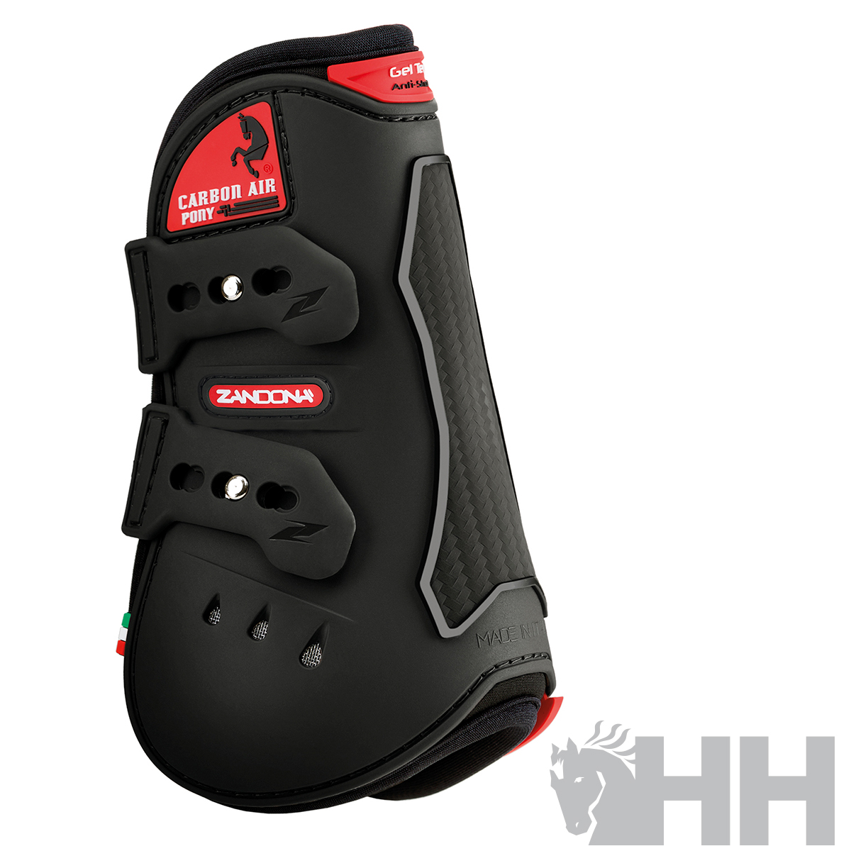 Protector de cavalo preto com detalhes vermelhos e cinzentos com fechos de velcro