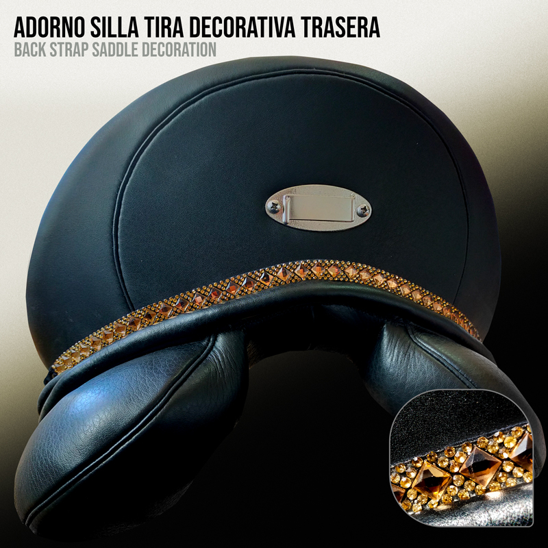 Adorno para sela traseira com tira decorativa castanha e dourada sobre sela preta