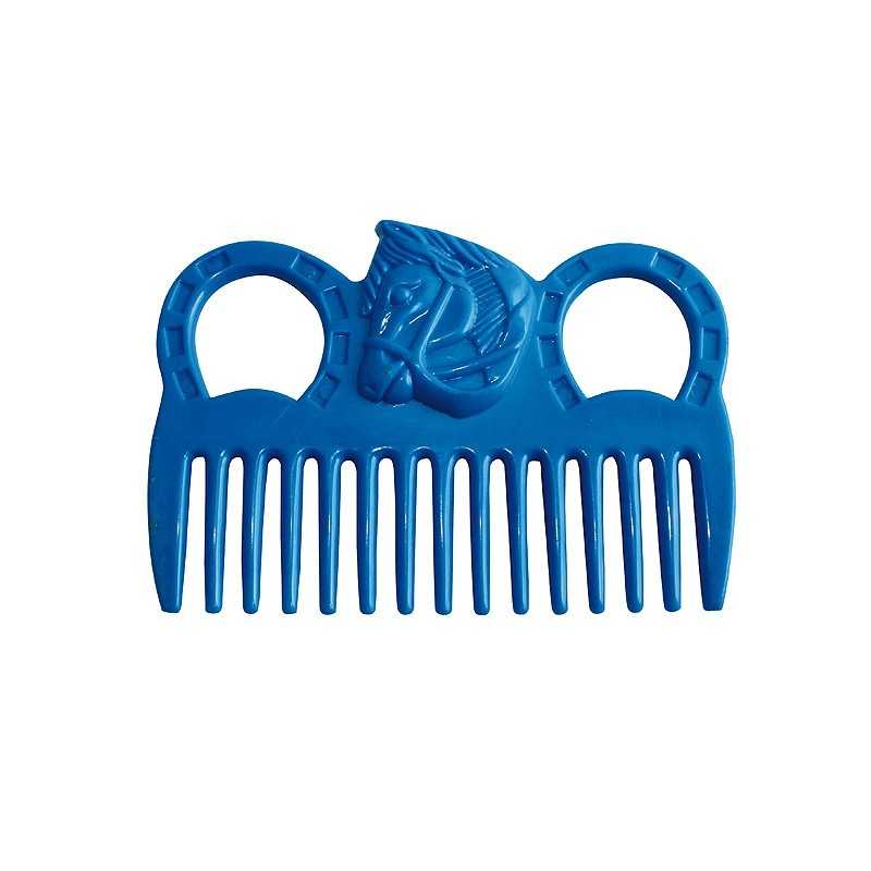 Pente azul de plástico com dois orifícios e detalhe de cavalo