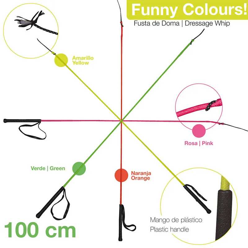 Chicotes de doma coloridos com cabo plástico e medidas visíveis