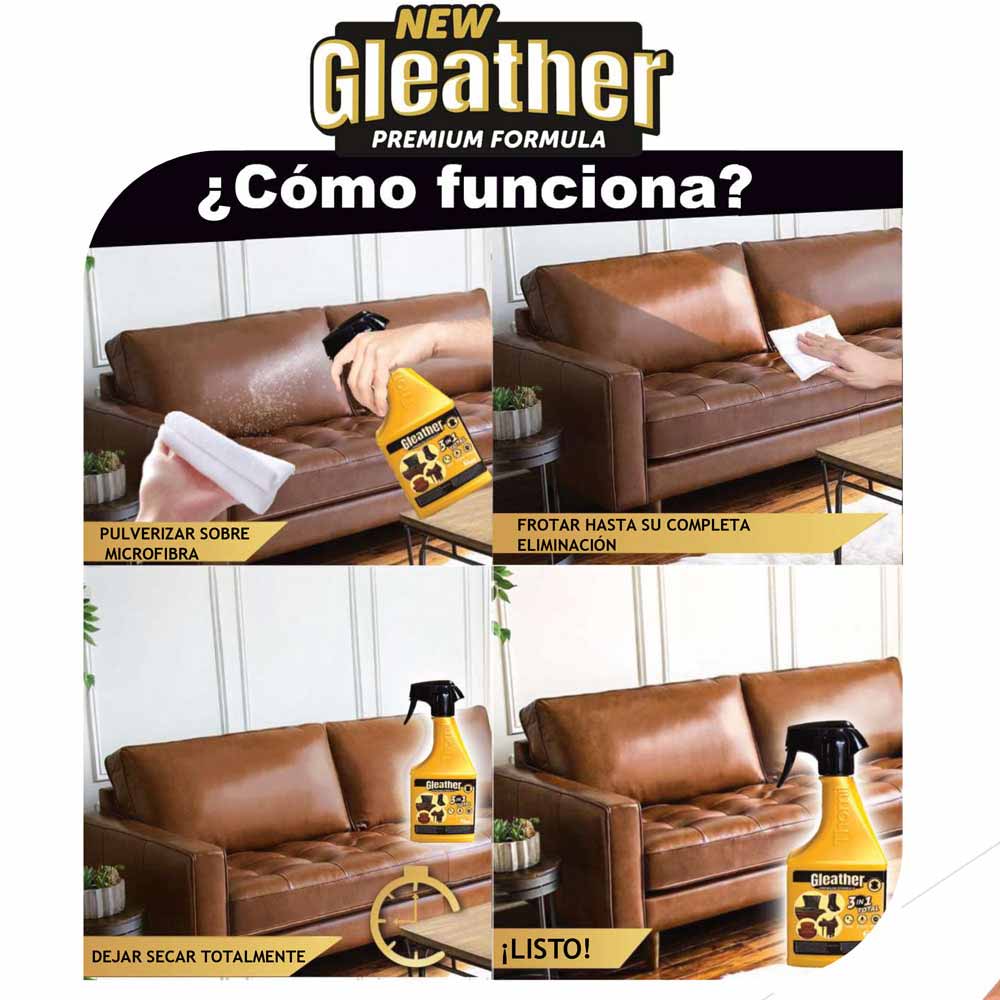 Frasco amarelo de spray para limpeza de sofá de pele castanha em sala de estar com instruções em espanhol.
