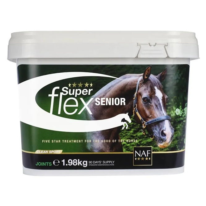 Recipiente plástico branco com suplemento para cavalos Super Flex Senior e imagem de cavalo