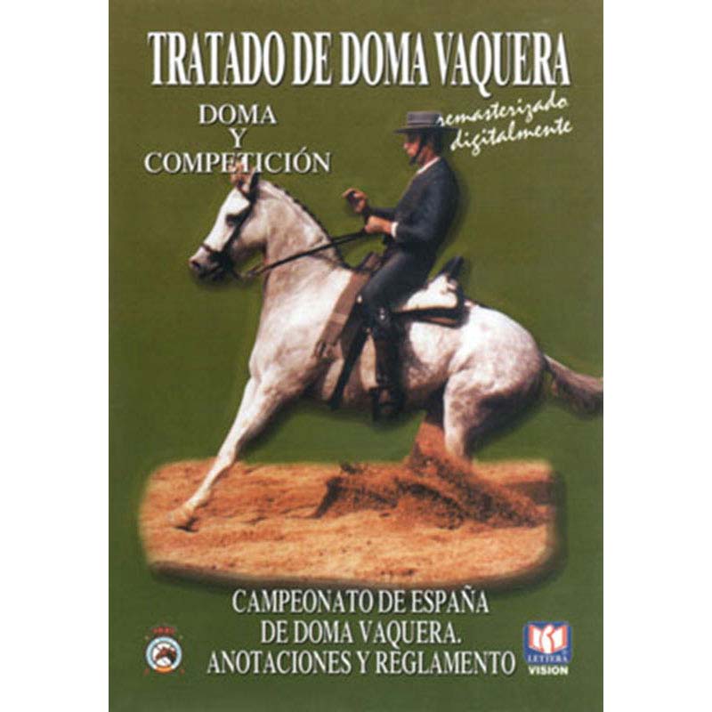 Capa de DVD ou livro sobre doma vaqueira com cavalo branco e cavaleiro em traje formal