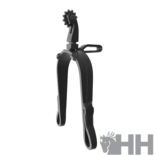 Espora preta metálica para montaria com roda dentada e alça, sobre fundo branco com logótipo HH