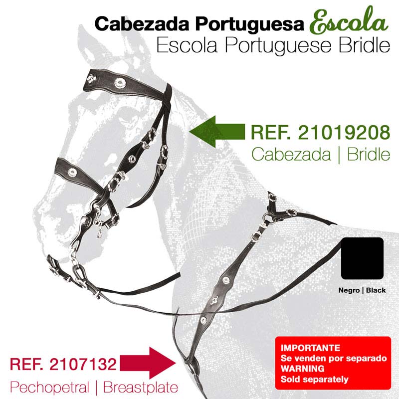 Cabeçada portuguesa preta em couro com ferragens prateadas e pechopetral, com texto de referência e aviso de venda separada.