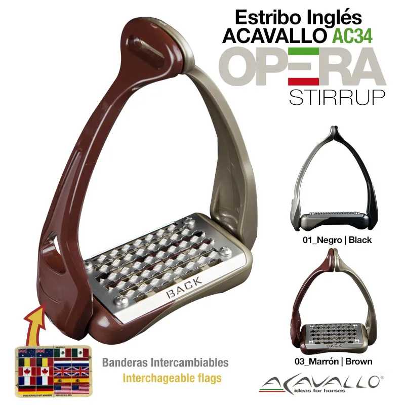 Estribo Inglês Acavallo Opera Stirrup marrom e negro com base metálica e bandeiras intercambiáveis
