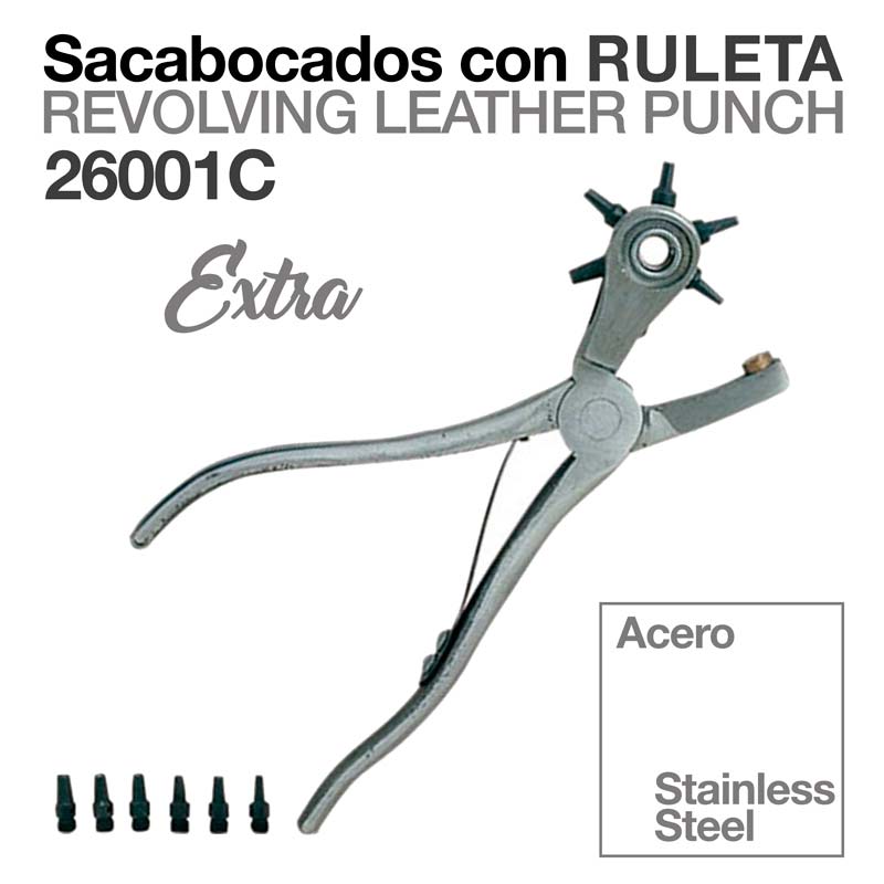 Alicate de metal cinzento para perfurações com rodas de lâminas, seis peças pequenas e texto em espanhol e inglês