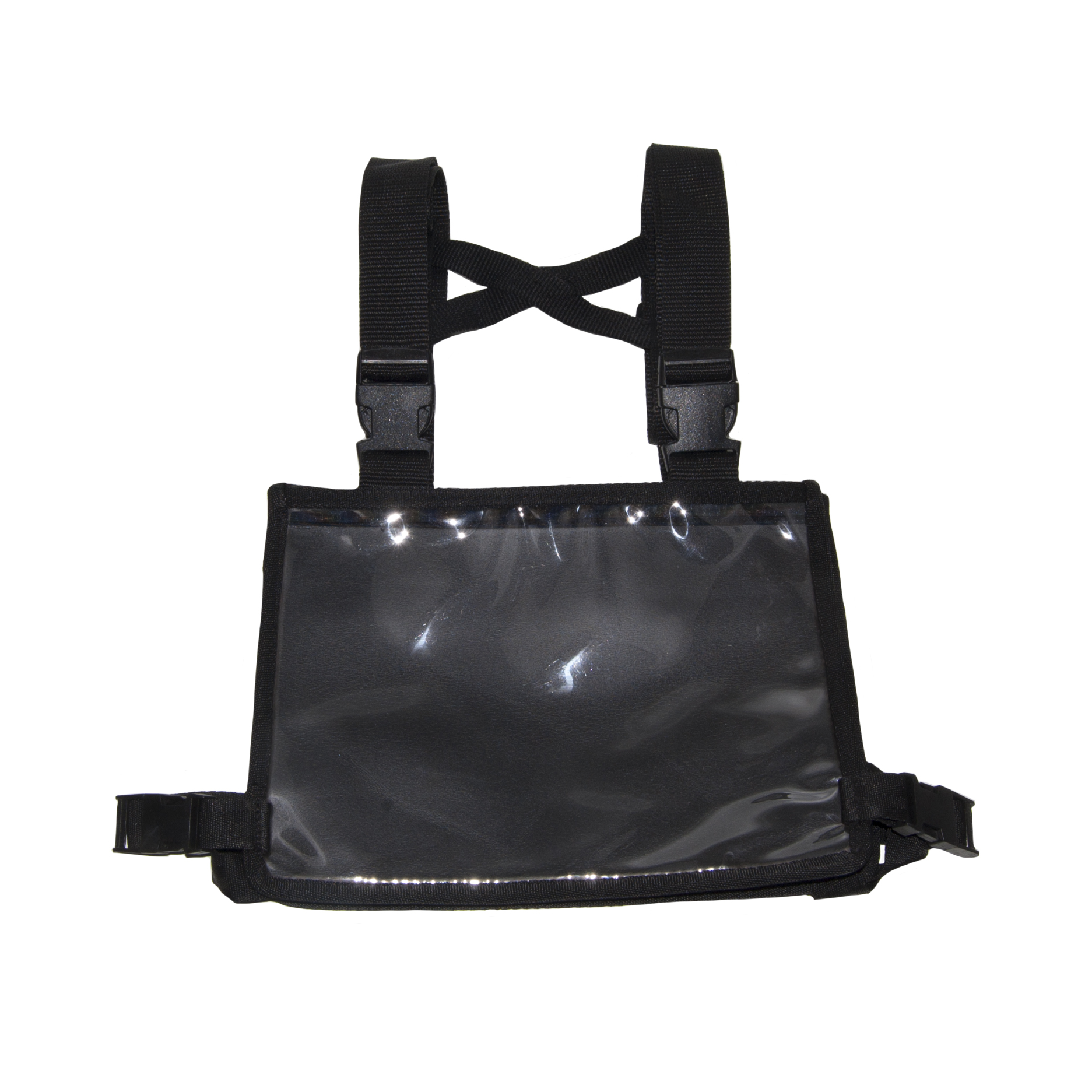 Bolsa preta com frente transparente e alças ajustáveis