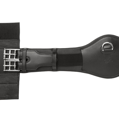 Correia preta em couro com fivela dupla e detalhe elástico