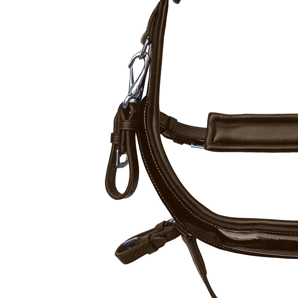 Cabresto de cavalo de couro preto com ferragens metálicas
