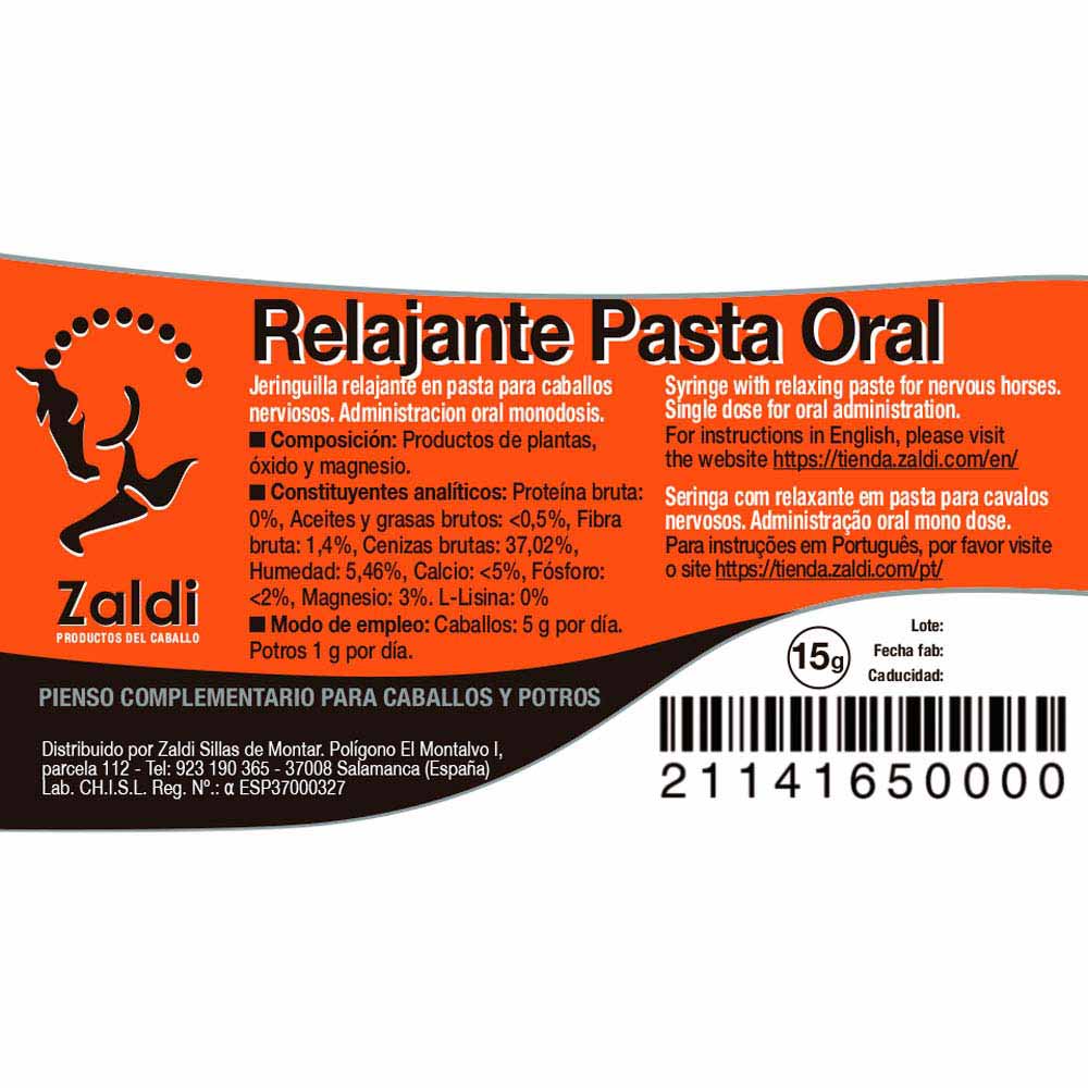 Etiqueta de produto Relajante Pasta Oral Zaldi para cavalos, texto em várias línguas, cores laranja, preto e branco.
