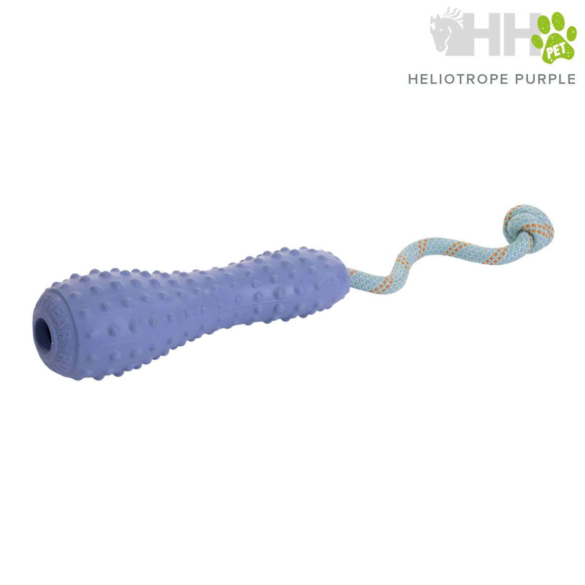Brinquedo para cães com cabo em corda azul clara e corpo roxo texturizado.