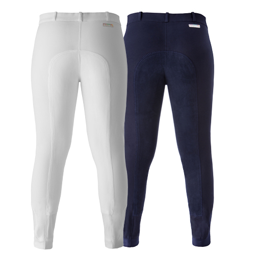 Duas calças de equitação, branca e azul escura, vistas de trás