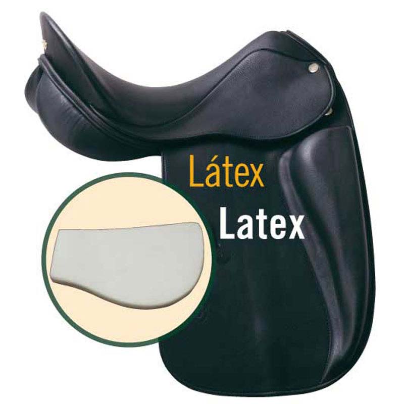 Sela de equitação preta com enchimento em látex mostrando textura e acolchoamento