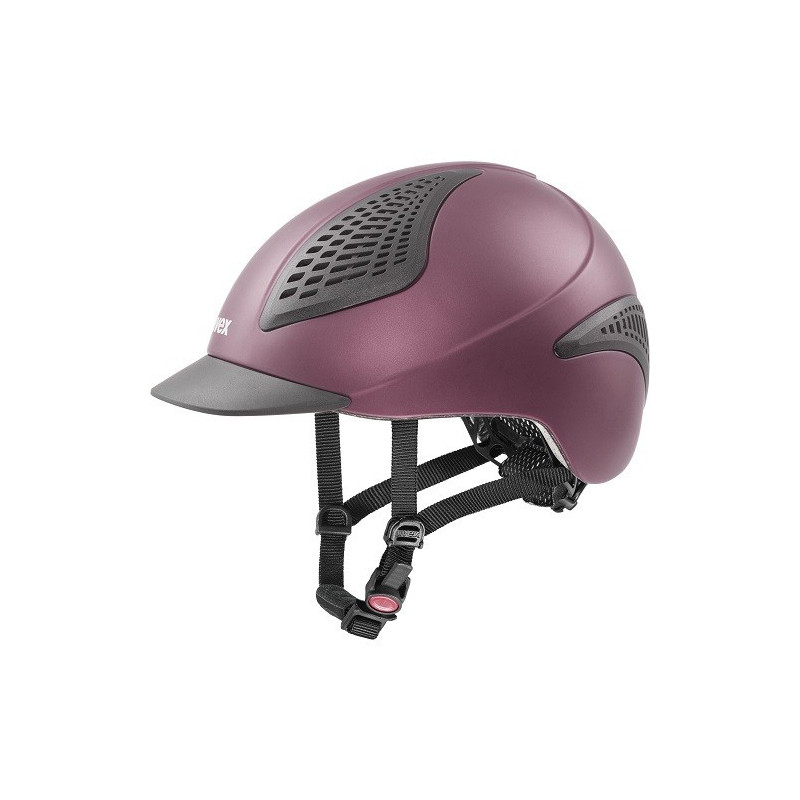 Capacete de equitação roxo com visor cinza e tiras pretas ajustáveis